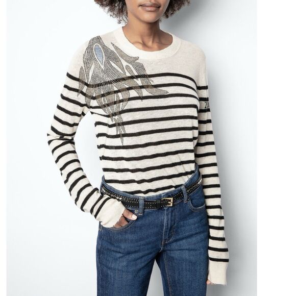 ZADIG & VOLTAIRE Miss Stripes Flower Cashmere Sweater Bejeweled Women’s Size S - Picture 1 of 13